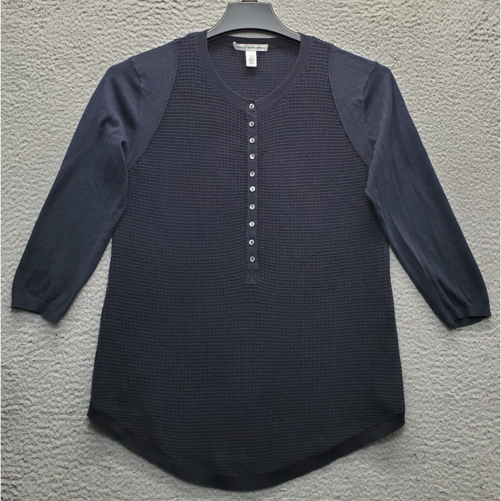 Cotton By Autumn Cashmere Thermal Top Womens M Navy Waffle Knit Button Front